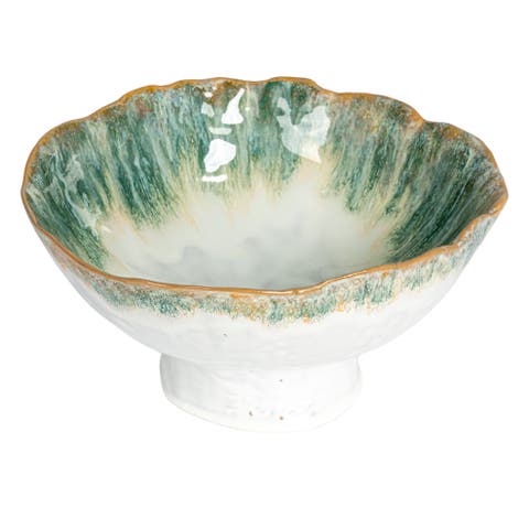 Large Stoneware Footed Bowl with Speckled Glaze, Green and Brown