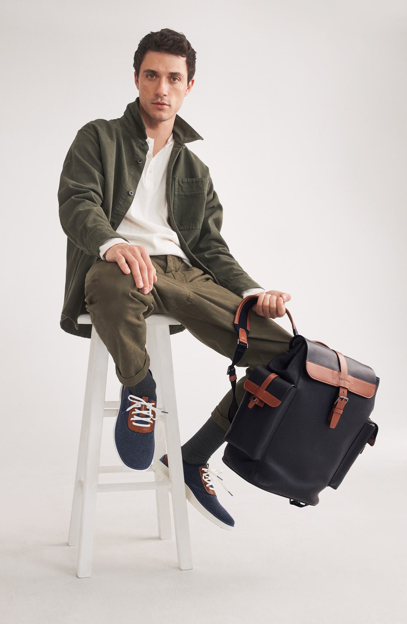 Cole Haan Triboro Leather Backpack, Alternate, color, Navy/ New British Tan