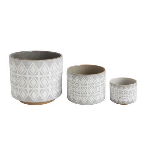 Various Round Stoneware Planters with Geometric Patterns, Set of 3