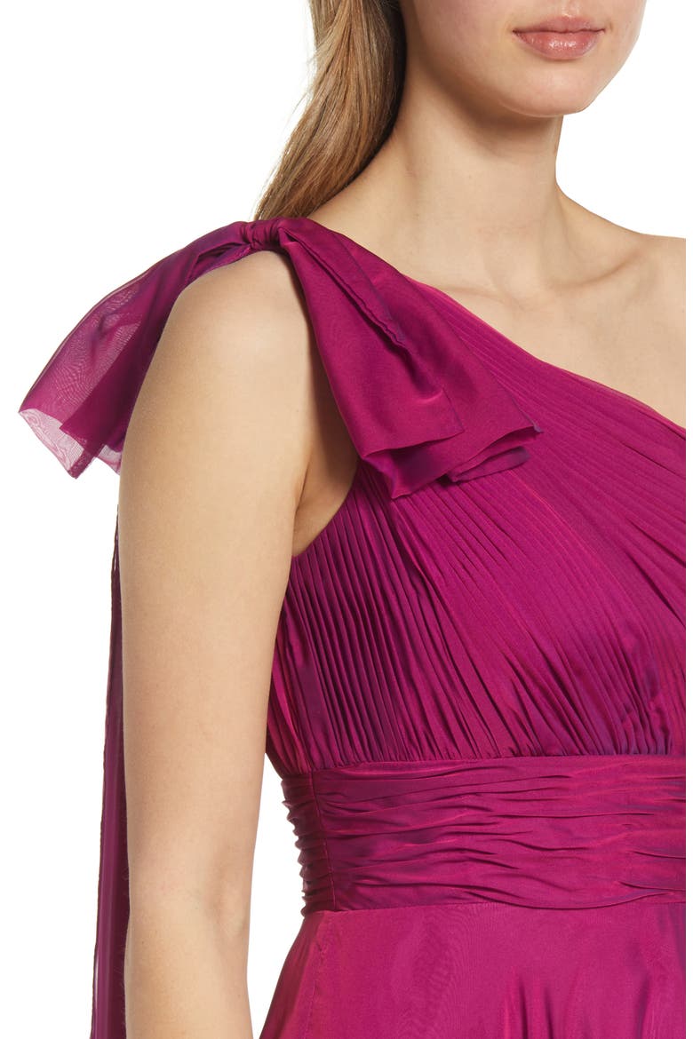 One Shoulder Pleated Chiffon Gown with Draped Waist and High Slit, Alternate, color, RASPBERRY