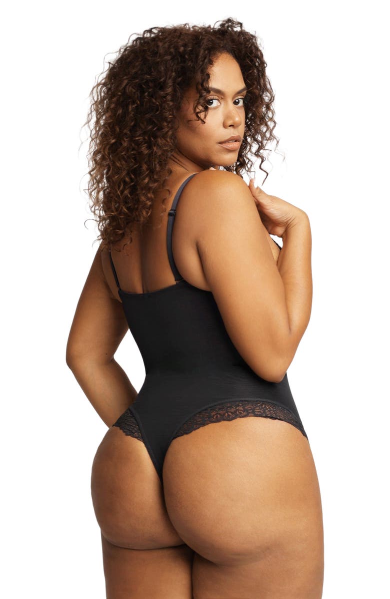 Popilush Plus Size Shapewear Lace Deep V-Neck Sculpting Thong Bodysuit, Alternate, color, Midnight Black