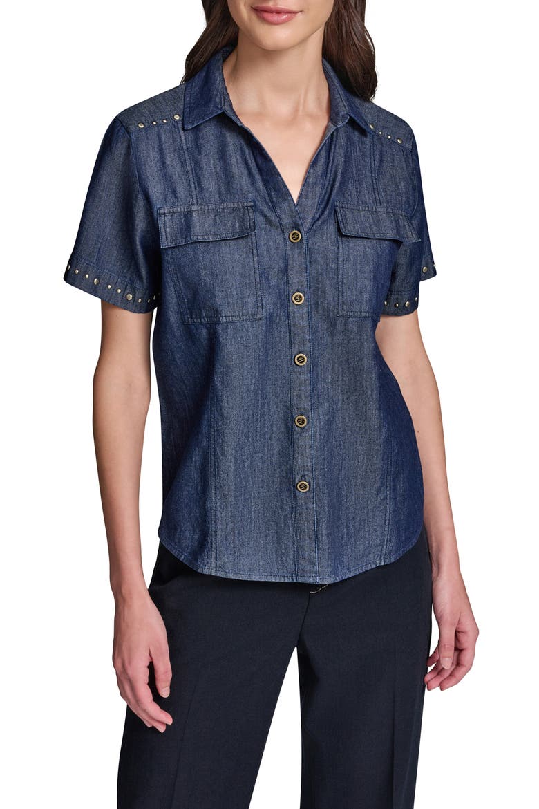 Studded Button-Up Shirt, Main, color, INDIGO