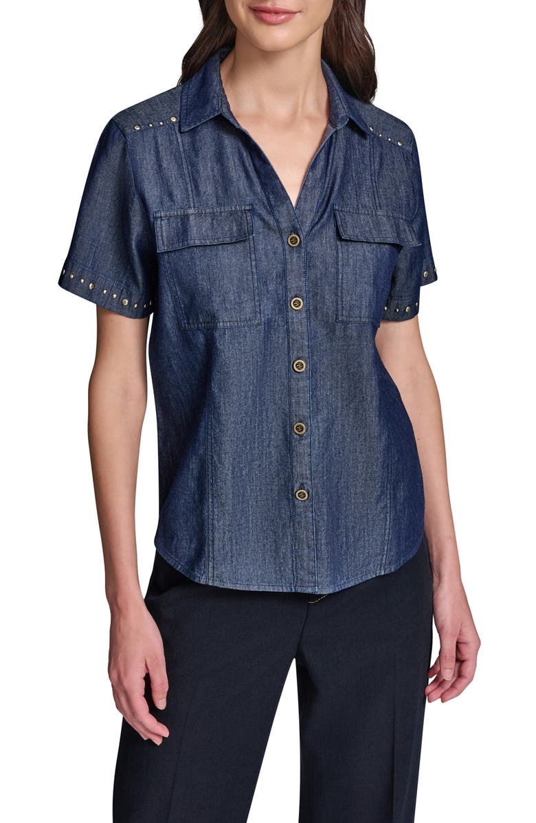 KARL LAGERFELD PARIS <p>Studded Button-Up Shirt</p>, Main, color, Indigo