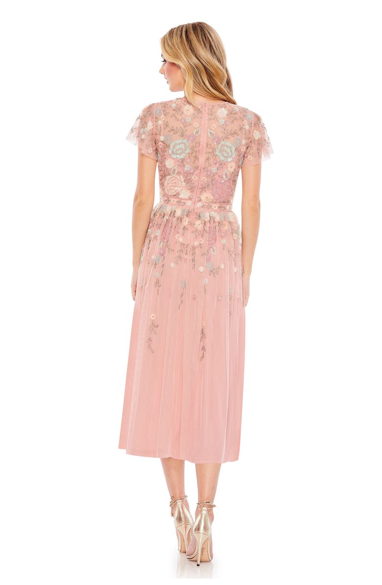 Mac Duggal Embellished Illusion High Neck Butterfly Sleeve Midi Dress, Alternate, color, Dusty Rose