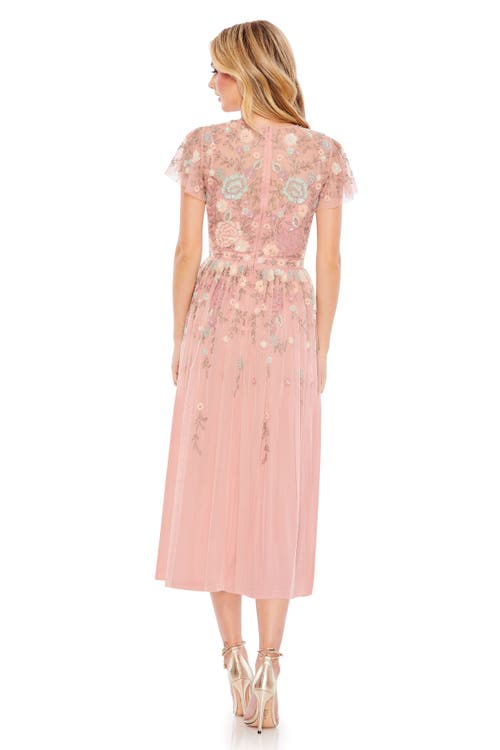 Mac Duggal Embellished Illusion High Neck Butterfly Sleeve Midi Dress In Dusty Rose