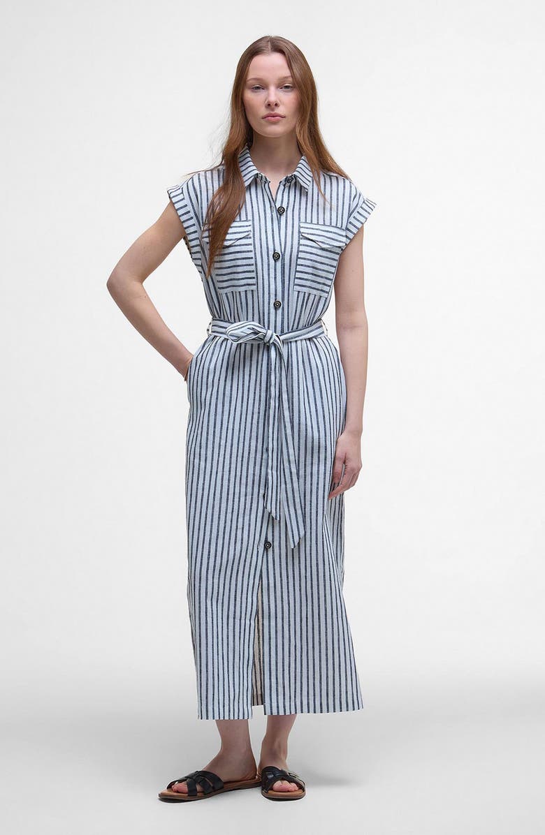 Barbour Abby Stripe Belted Cotton & Linen Shirtdress, Alternate, color, Navy White Stripe
