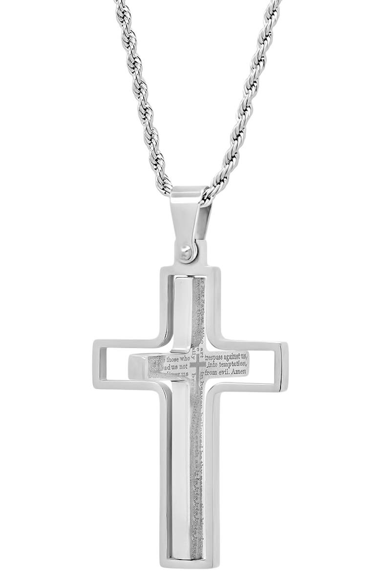 HMY JEWELRY Men's Lord's Prayer Engraved Cross Pendant Necklace, Alternate, color, Metallic