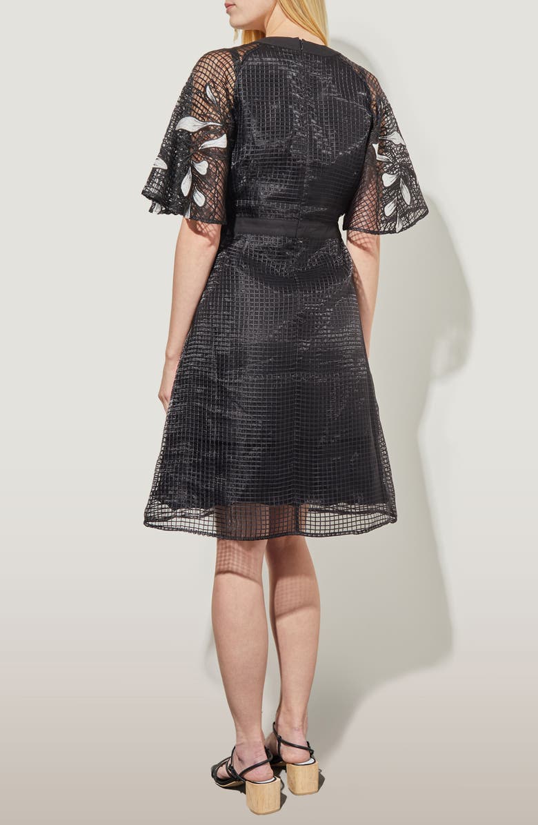 Ming Wang Floral Appliqué Open Lace A-Line Dress, Alternate, color, Black/White