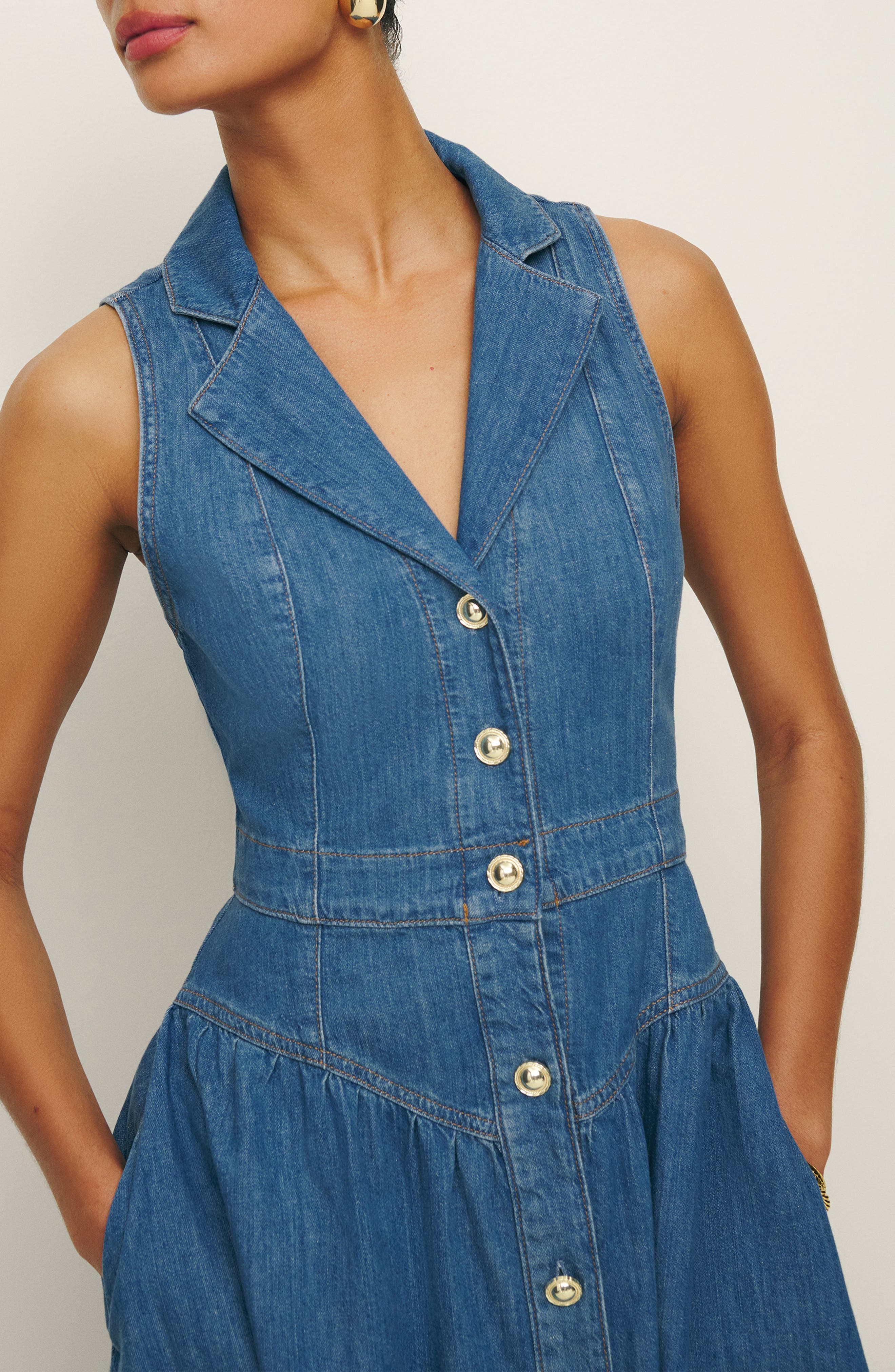 reformation ellison denim dress Sleeveless Button-Front Midi (Women) Blue Color:Mid Night Blue week14 Men's Shoes - Loafers