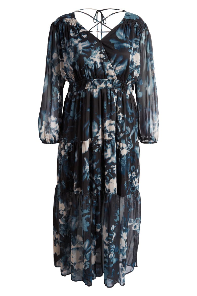 Tiered Long Sleeve Chiffon Dress, Alternate, color, BLACK- TEAL BLURRED FLORAL