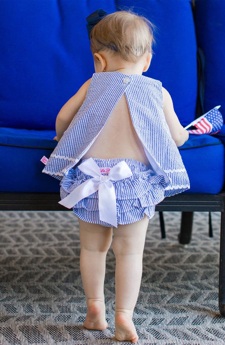RuffleButts Seersucker Cotton Swing Top & Bloomers, Alternate, color, Blue Seersucker
