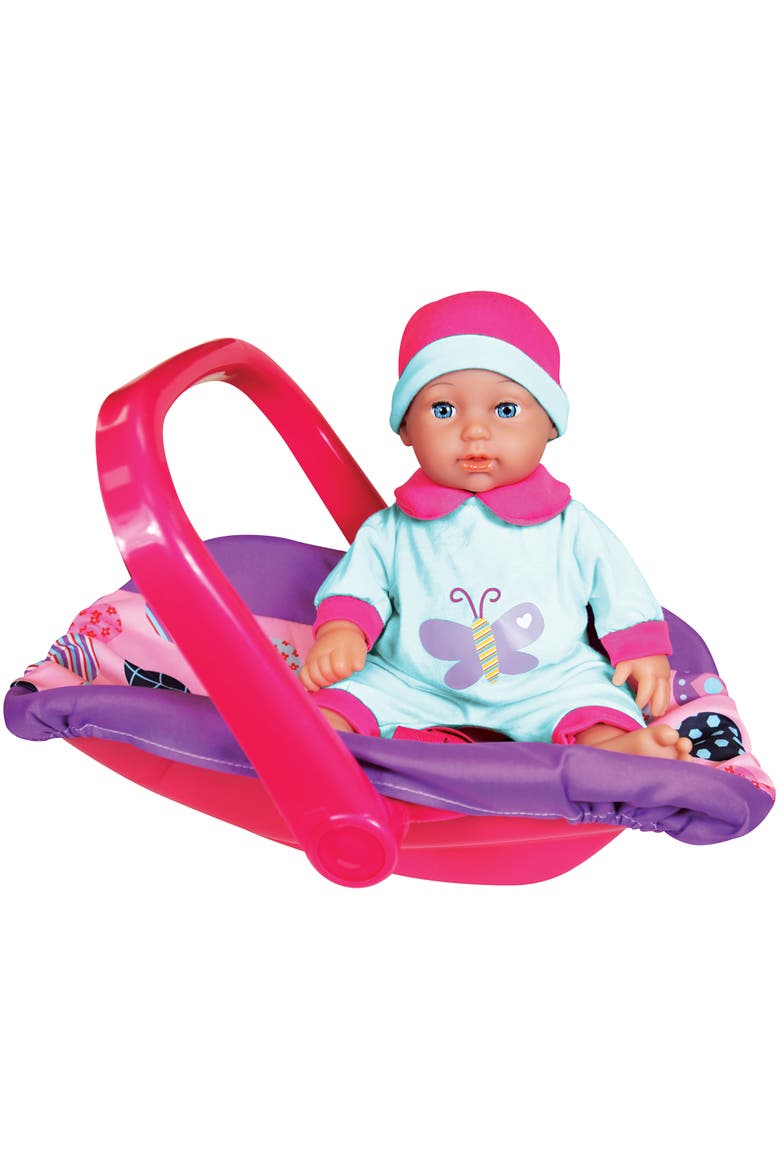 11 Inch Baby Doll & Car Seat Handbag Set, Pink Blue Purple Butterfly Outfit, Alternate, color, Multicolored