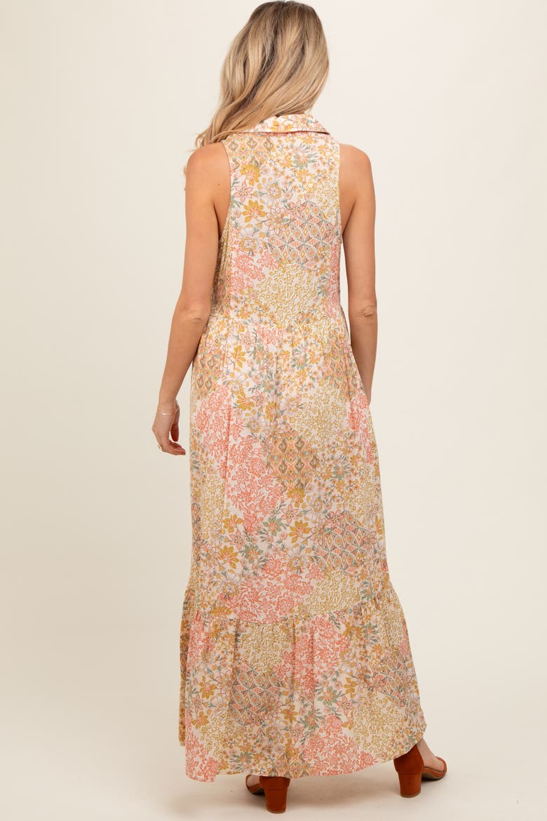 Floral Sleeveless Button Tiered Collared Maxi Dress, Alternate, color, Peach