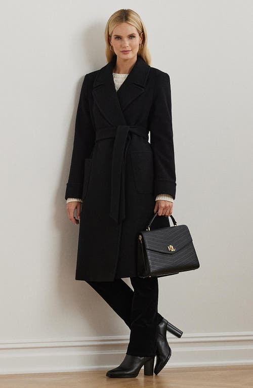 Ralph Lauren Lauren  Belted Wool Blend Wrap Coat In Black