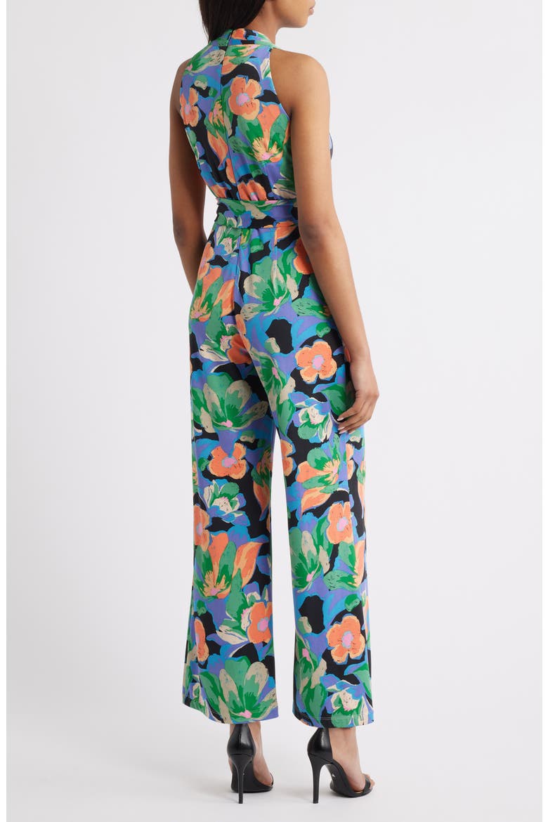 Print Twist Neck Tie Waist Wide Leg Jumpsuit, Alternate, color, BLACK/ GREEN/ ORANGE MULTI