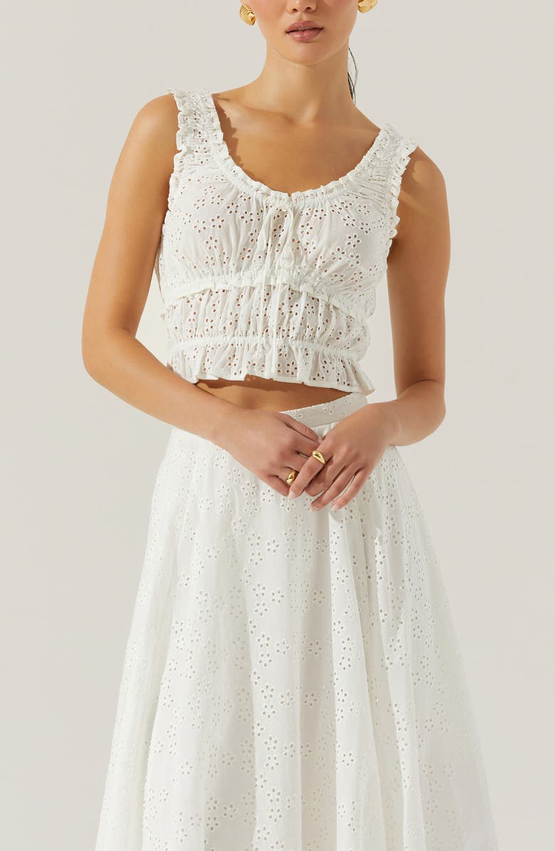 ASTR the Label Kissel Eyelet Embroidered Shirred Crop Tank, Alternate, color, White