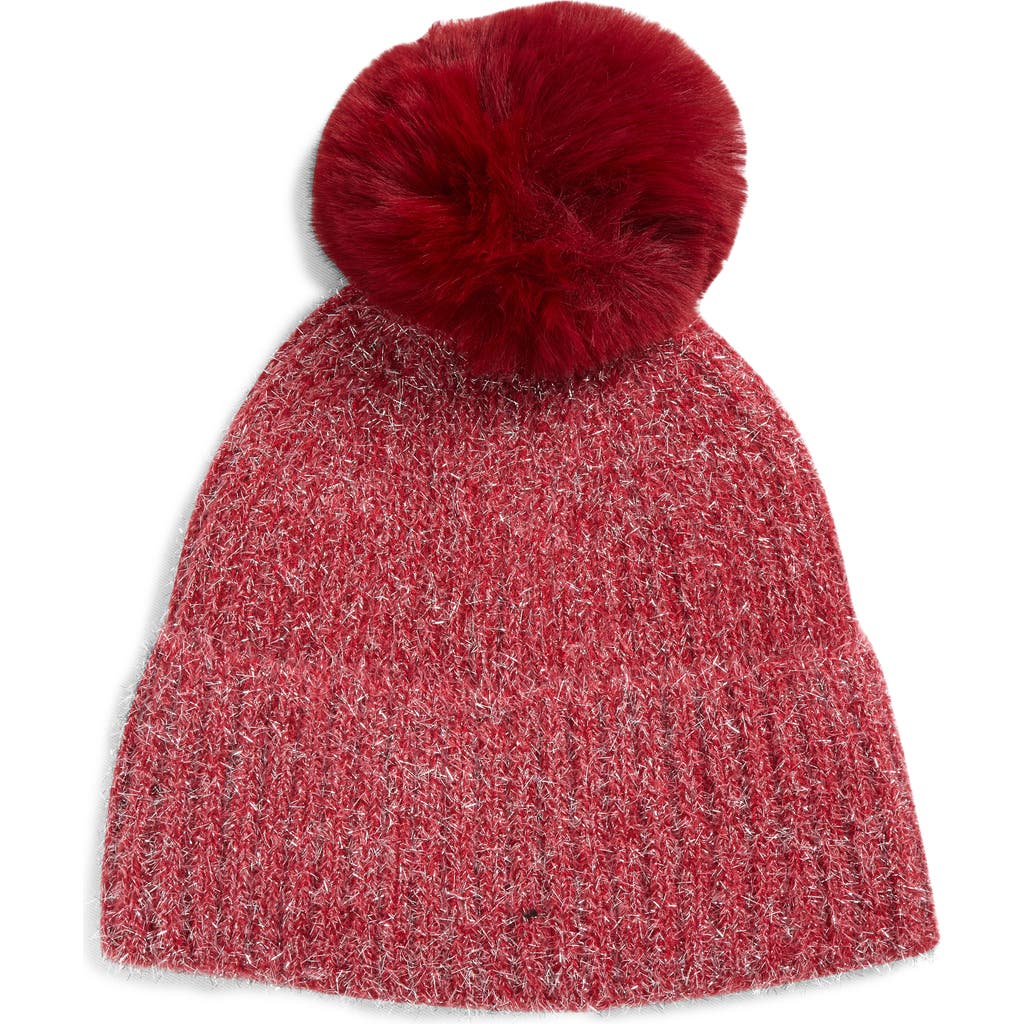 Tasha Faux Fur Pom Sparkle Beanie In Red