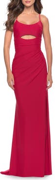 La Femme Cut Out Soft Jersey Dress with Lace Up Back