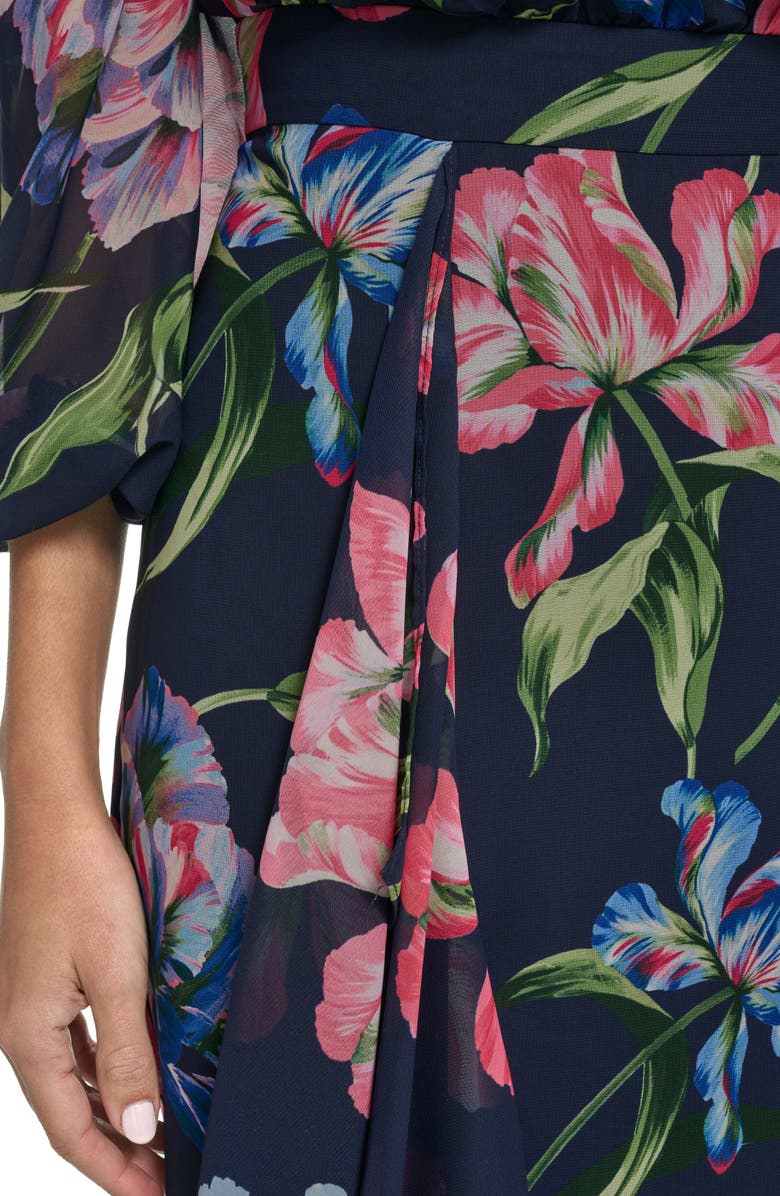Eliza J Floral Long Sleeve Ruffle Chiffon Dress, Alternate, color, Navy