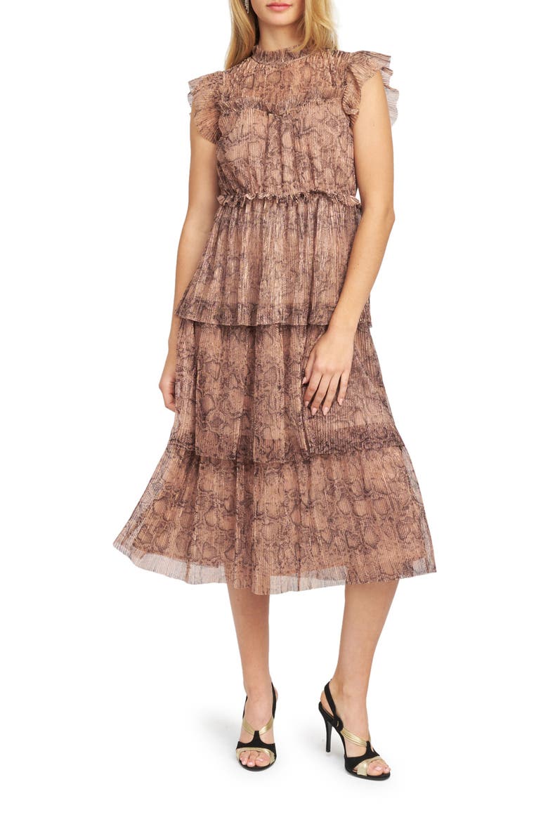 Metallic Snakeskin Print Tiered Ruffle Midi Dress, Main, color, ROSE GOLD