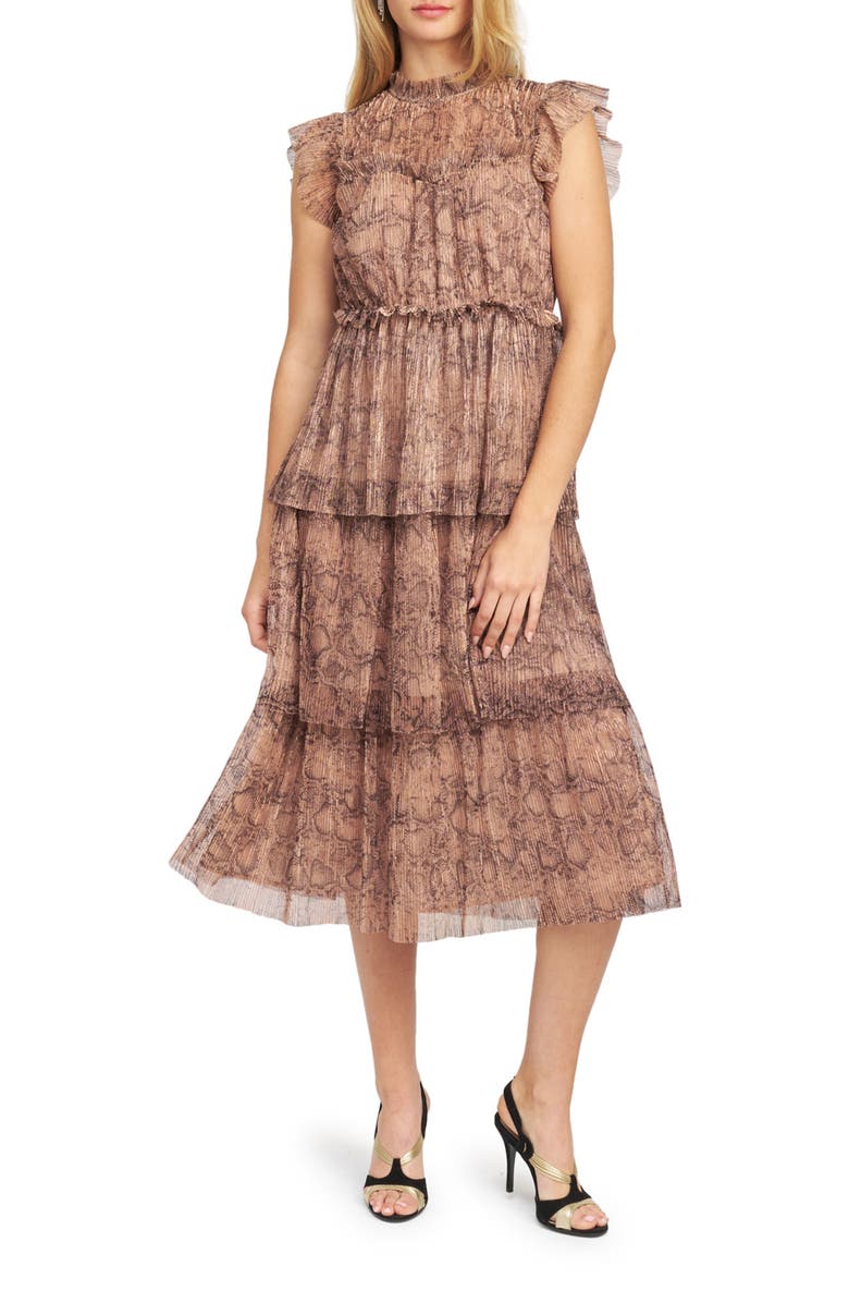 En Saison Metallic Snakeskin Print Tiered Ruffle Midi Dress, Main, color, 