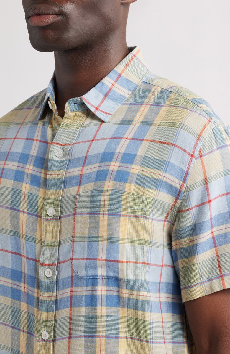 Pendleton Dawson Plaid Short Sleeve Linen Blend Button-Up Shirt, Alternate, color, Blue Multi Plaid