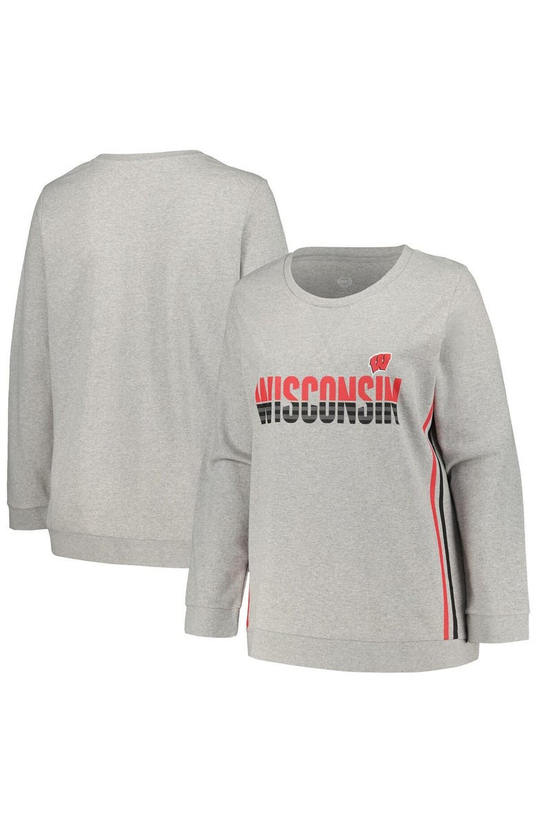 PROFILE Women's Profile Heather Gray Wisconsin Badgers Plus Size Side Stripe Pullover Sweatshirt, Main, color, 