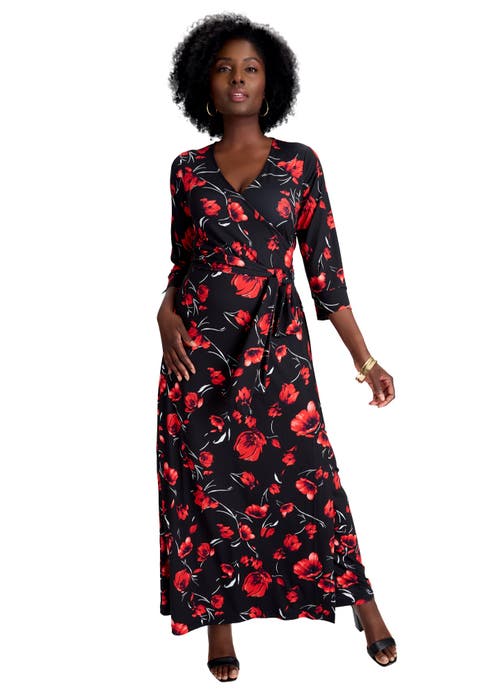 Stretch Knit Faux Wrap Maxi Dress (Plus)