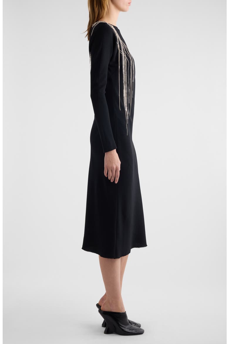 Davion Crystal Chain Raw Hem Long Sleeve Midi Dress, Alternate, color, BLACK