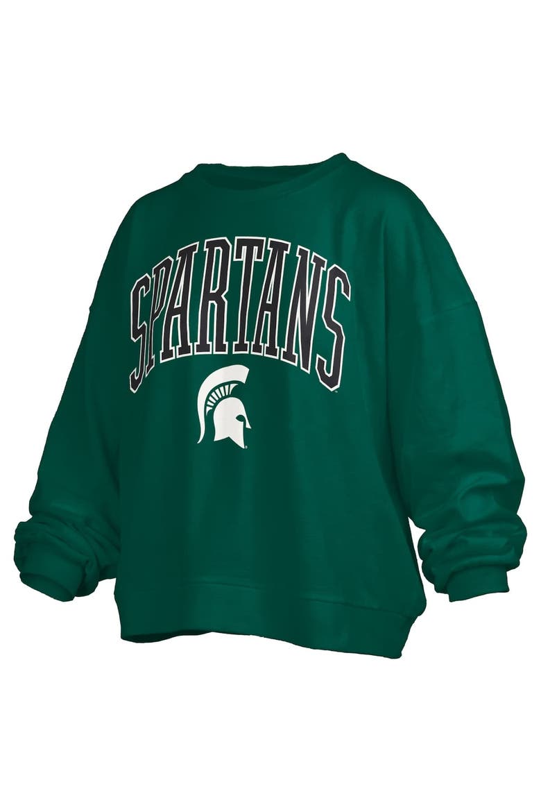 Women's Pressbox Green Michigan State Spartans Janise Arch Over Logo Waist Length Oversized Pullover Sweatshirt, Alternate, color, Green