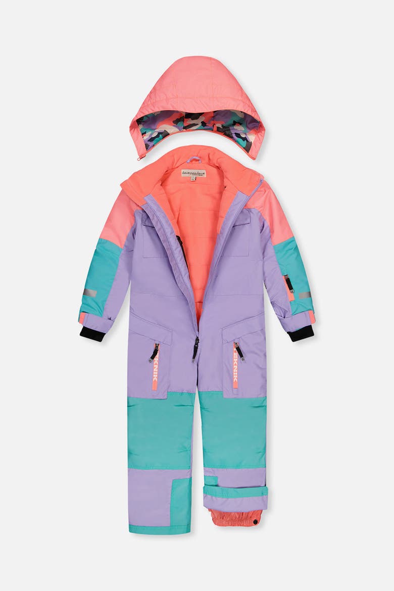 Teknik & Reinforced Knees One Piece Snowsuit, Alternate, color, Lavender, Turquoise and Orange
