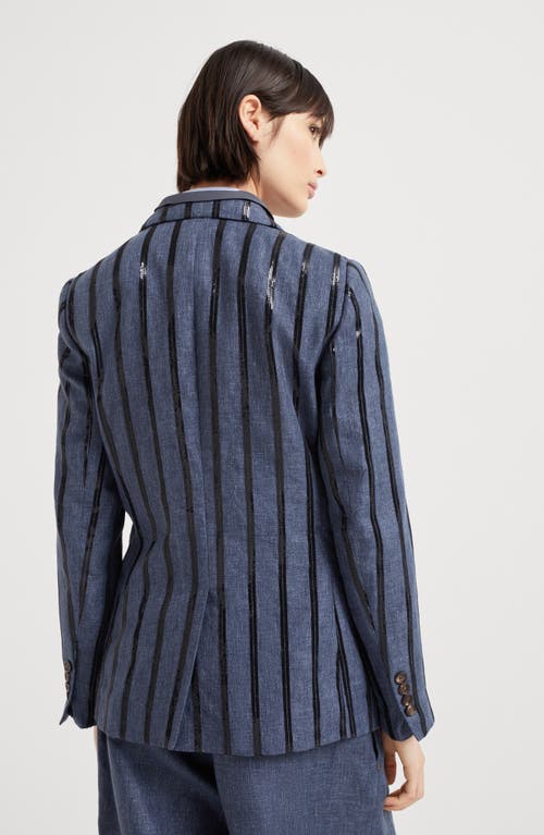 Brunello Cucinelli Paillette Striped Denim-effect Linen Single-breasted Blazer In Denim