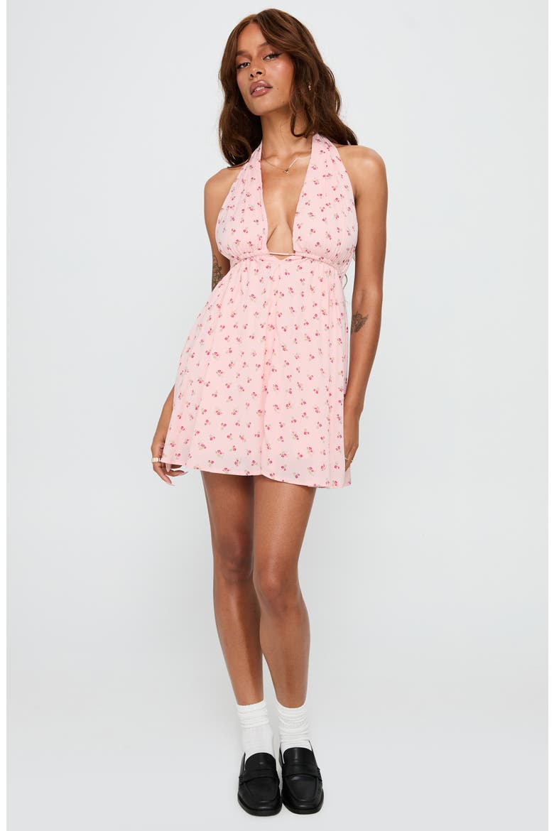 Saddler Floral Plunge Halter Minidress, Alternate, color, PINK FLORAL