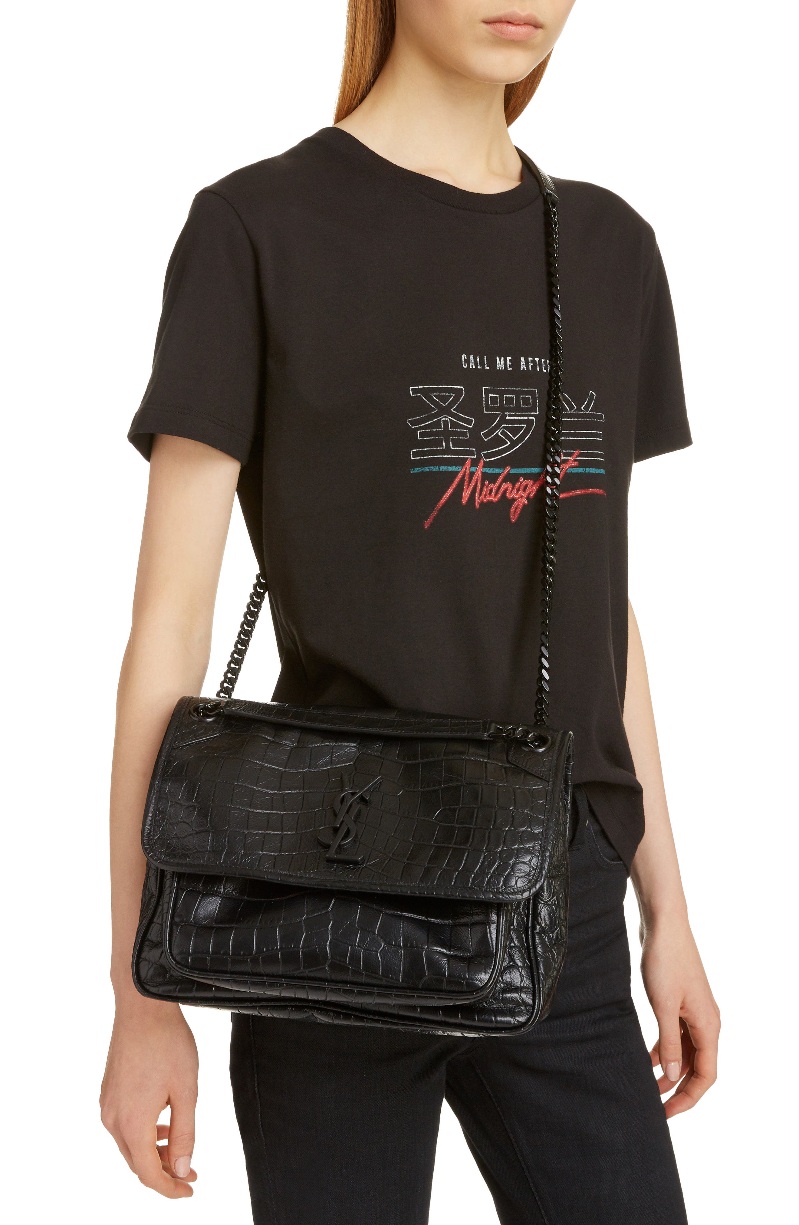 Saint Laurent Medium Niki Croc-Embossed Leather Shoulder Bag, Alternate, color, 