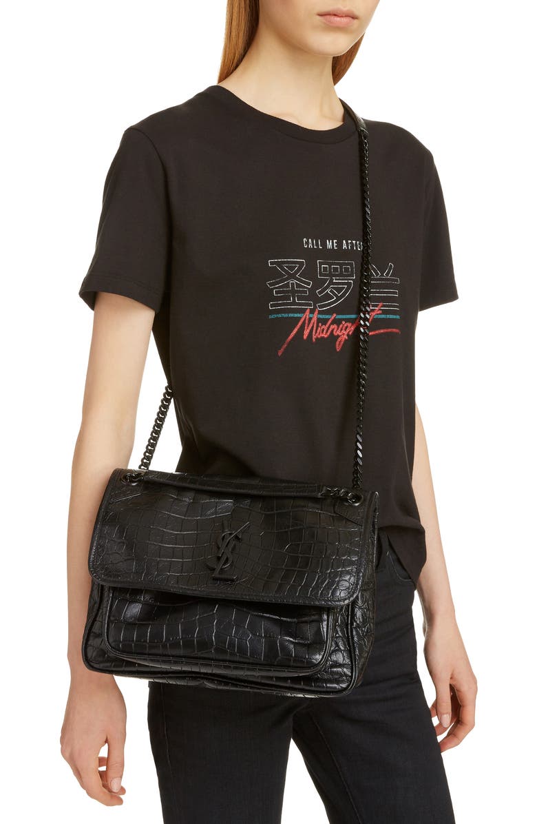Saint Laurent Medium Niki Croc-Embossed Leather Shoulder Bag, Alternate, color,