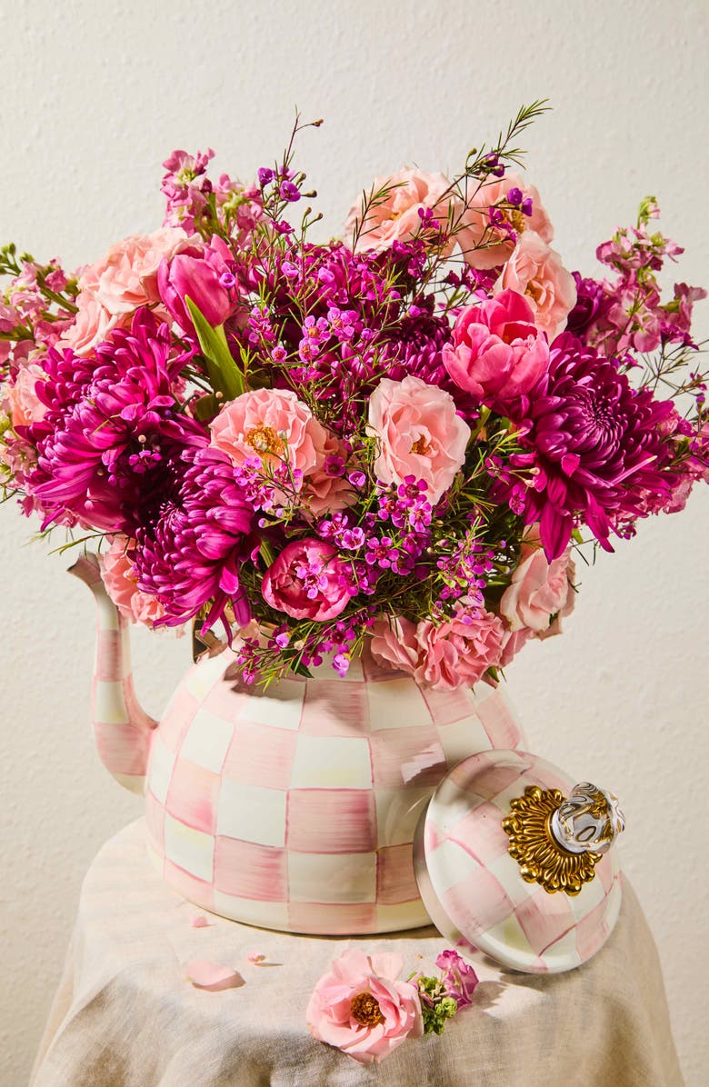 MACKENZIE CHILDS Rosy Check Enameled Steel 3-Quart Tea Kettle, Alternate, color, Pink/ White