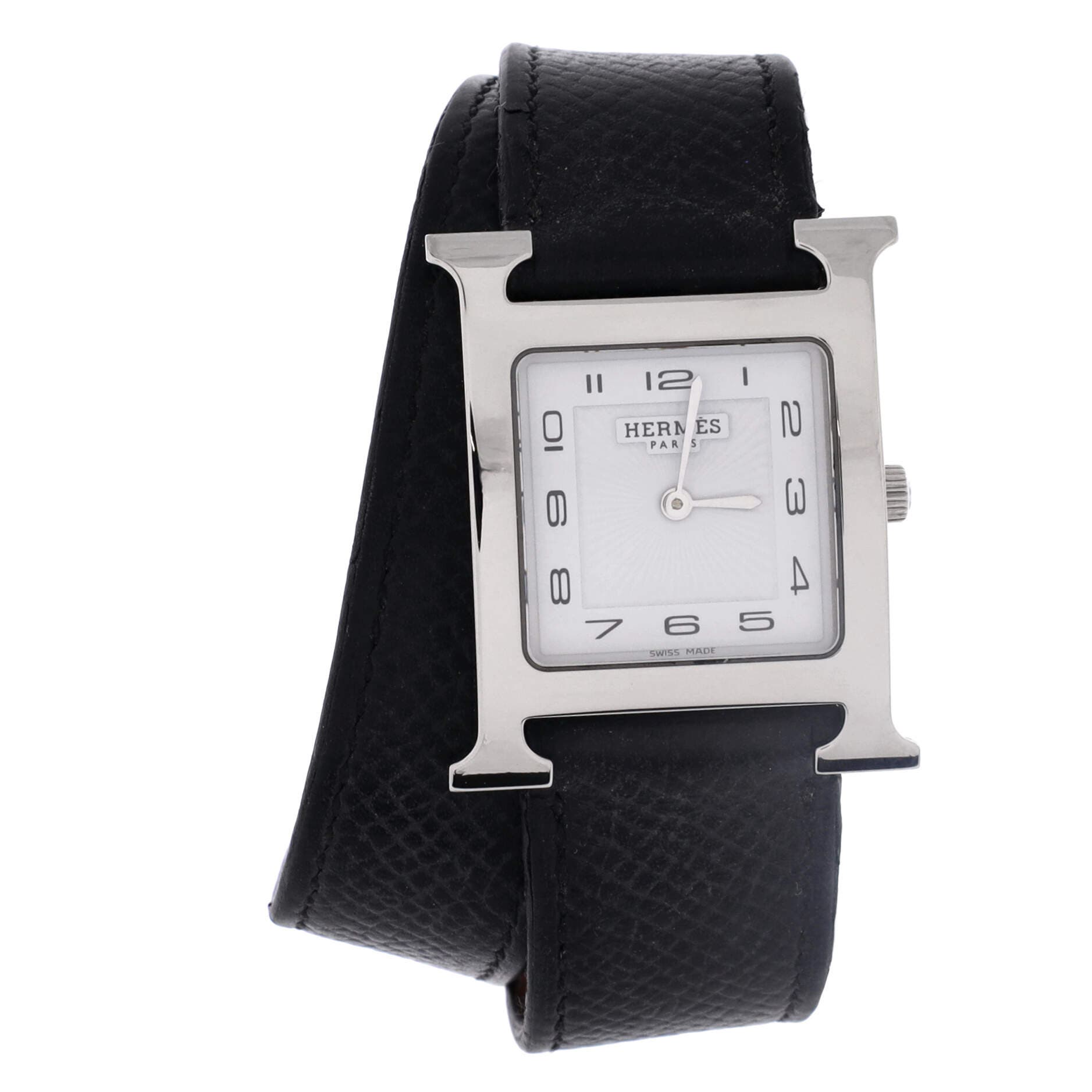 Pre-Owned Hermes Heure H Double Tour Quartz Watch Plated Metal and Leather 26, Main, color, Silver