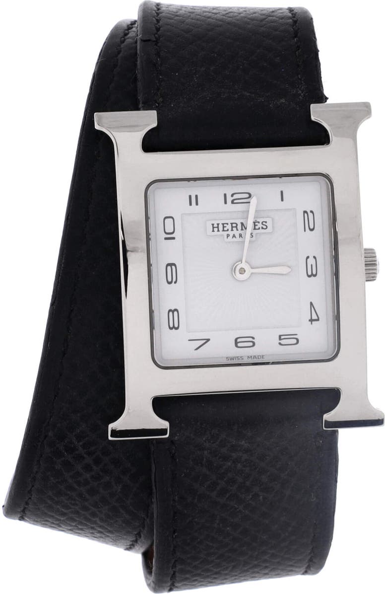 Pre-Owned Hermes Heure H Double Tour Quartz Watch Plated Metal and Leather 26, Main, color, Silver
