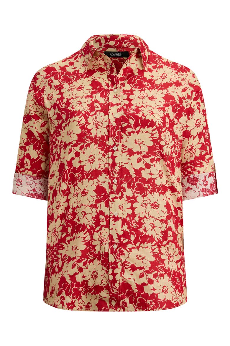 Relaxed Fit Floral Linen Shirt, Alternate, color, RED/ BEIGE