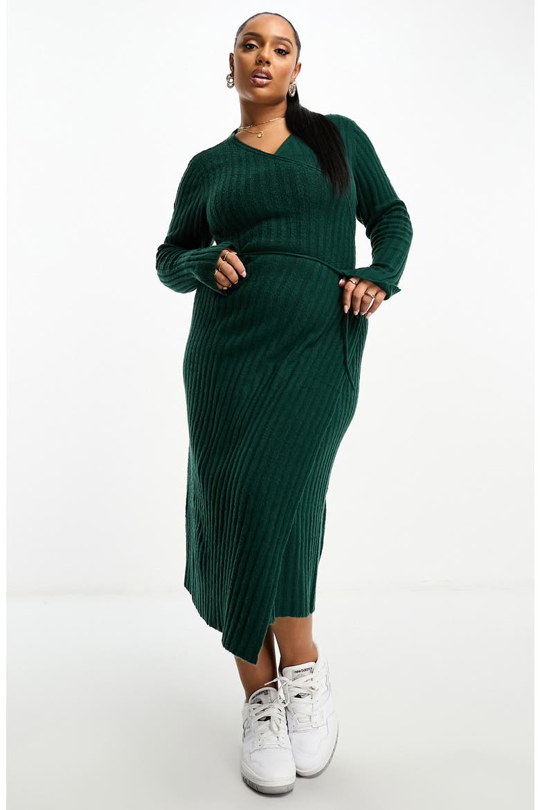 Curve Long Sleeve Midi Wrap Sweater Dress, Main, color, DARK GREEN
