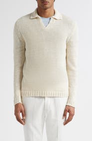 Thom Sweeney Skipper Wide Gauge Linen Blend Polo Sweater