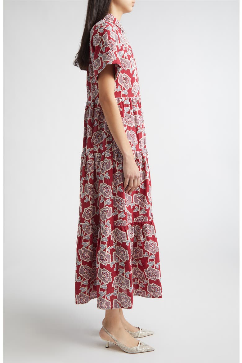 Floral Embroidered Tiered Cotton Blend Midi Shirtdress, Alternate, color, CHERRY