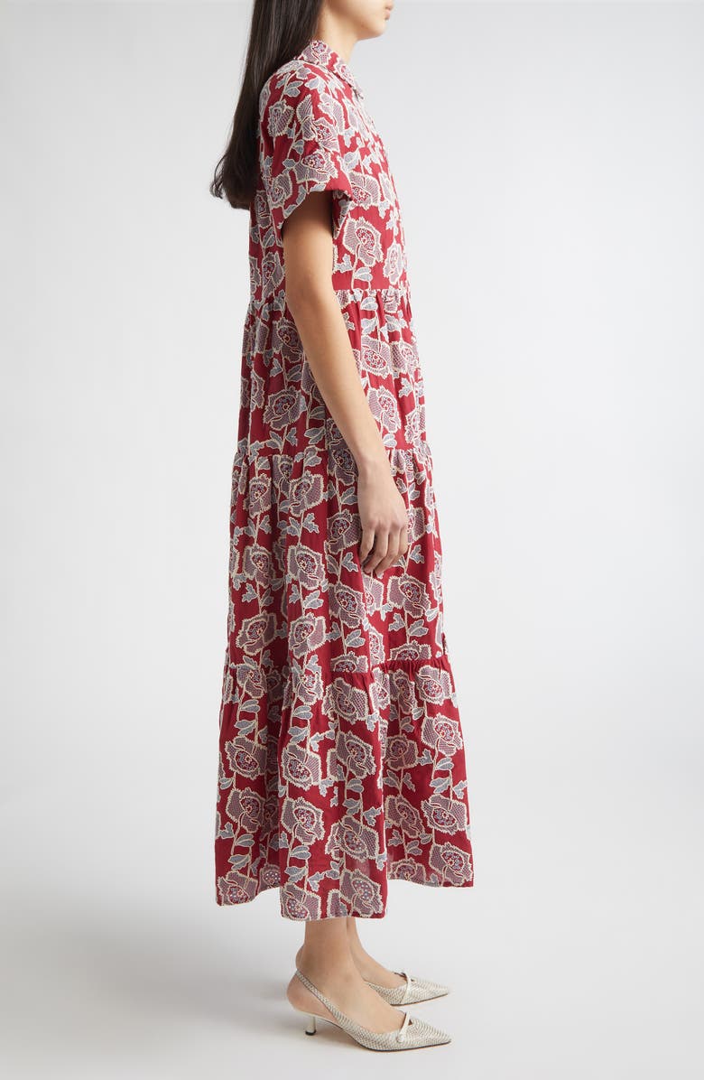 Erdem Floral Embroidered Tiered Cotton Blend Midi Shirtdress, Alternate, color, Cherry
