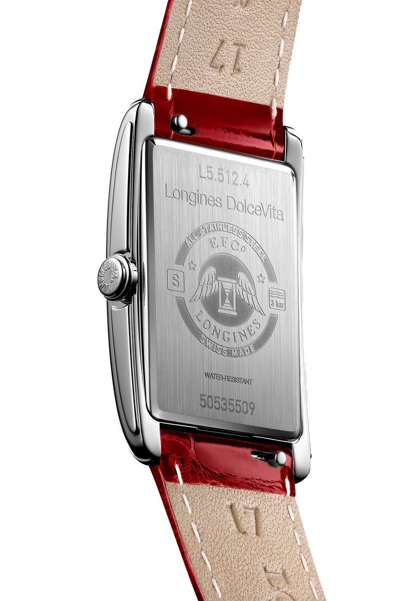 DolceVita II Leather Strap Watch, 23mm x 37mm, Alternate, color, RED/ SILVER