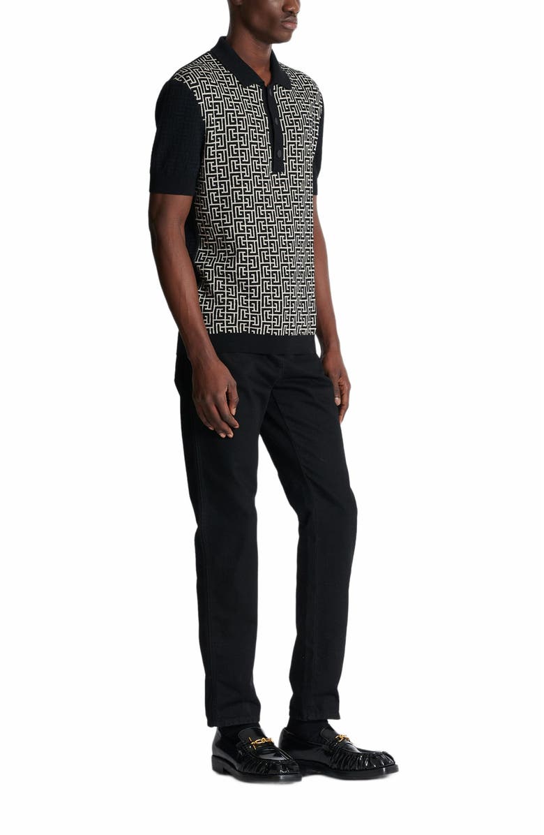 Balmain Monogram Knit Polo Shirt, Main, color, Black