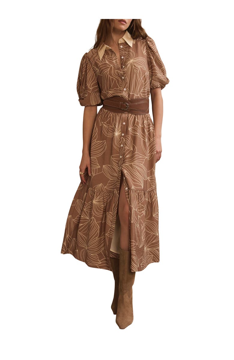 MINT VELVET Floral Print Maxi Shirt Dress with Puff sleeves, Main, color, Camel