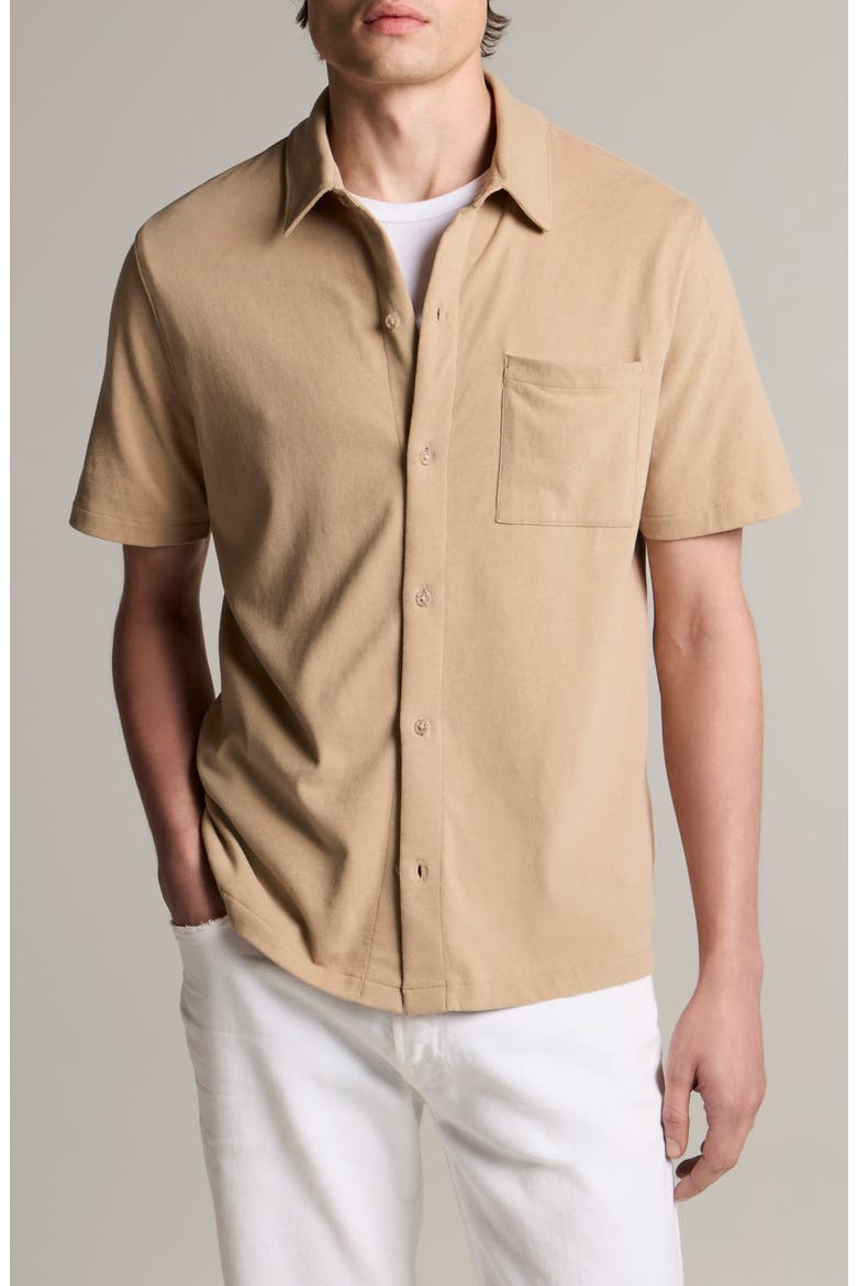 Sueded Jersey Short Sleeve Button-Up Shirt, Main, color, PECAN