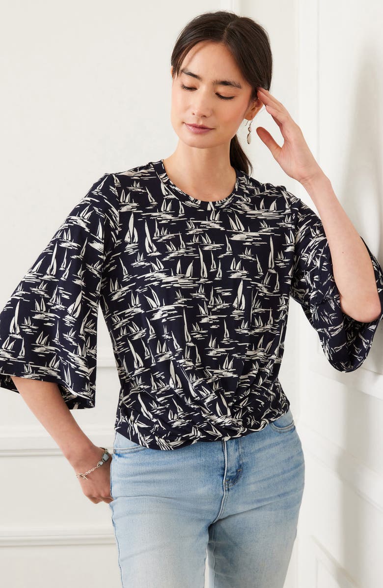 Karen Kane Sailboat Print Flare Sleeve Shirt, Alternate, color, Blue Multi