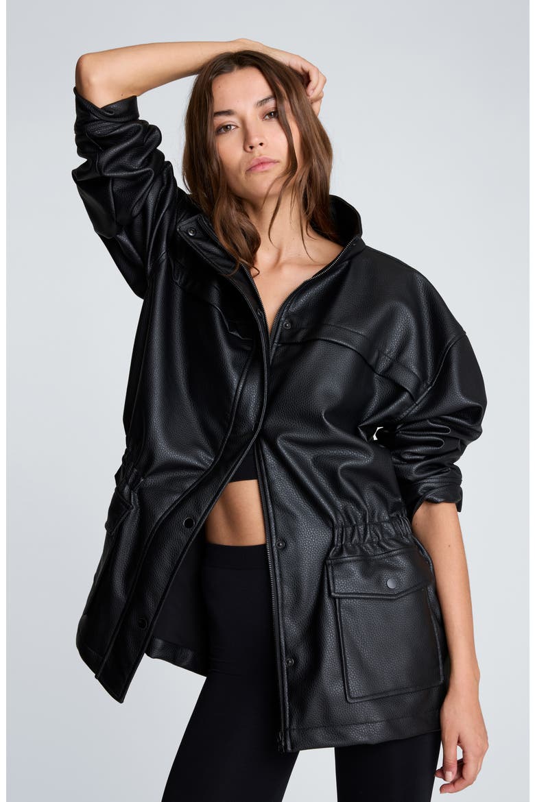 Faux Leather Cinch Waist Anorak, Alternate, color, BLACK