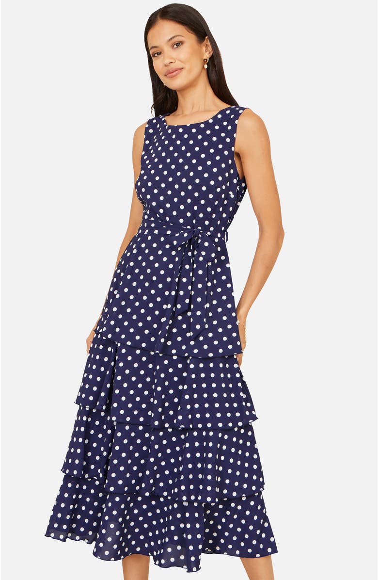 Yumi Spot Tiered Midi Dress, Main, color, Navy